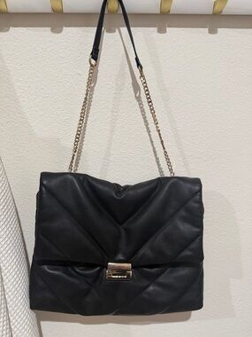 Zara Black Quilted Shoulder Bag with Gold Chain Detail